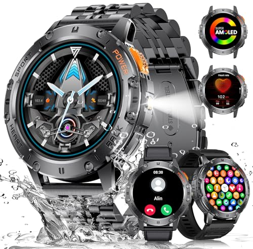ESFOE Smartwatch Herren mit 530mAh Akku, 1.43'' Militär Smartwatch mit LED Taschenlampe, Telefonfunktion, 3ATM Wasserdicht Robuste Outdoor Uhren mit 24H Gesundheits-Screening für Android iOS, 3 Gurte