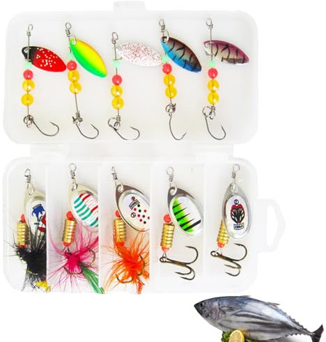 Angelköder Set, 10 Stück Spinner Angelköder, Hakenblinker Angeln, Mehrfarbige Spinner Angeln Löffel Köder mit Box, Lebensechte Pailletten Kunstköder für Forelle, Barsch, Lachs, Hecht, Walleye