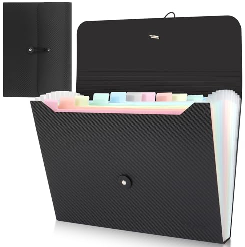 Uquelic 1Pcs Dokumententasche A4 Mit 13 Fächer, Fächermappe, A4 Dokumententaschen Kunststoff Dokumentenmappe Erweiterbar Ordnungsmappe (schwarzer Köper) (13 Fächer Macaron, stück, 1)