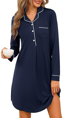 Jahetuul Camicia da Notte Donna Manica Lunga Cotone con Bottoni e Scollo a V Confortevole Abito da Notte Aperta Davanti