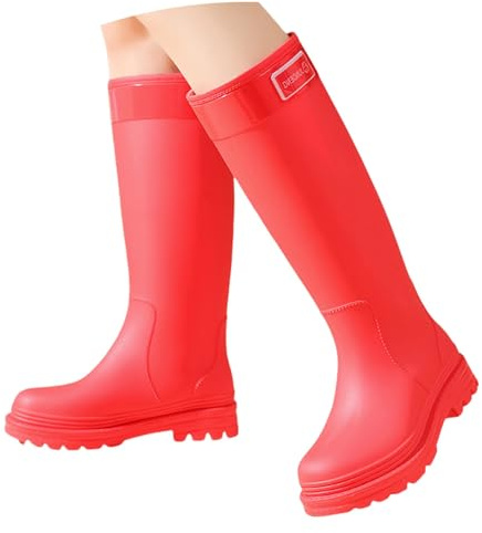 Richymfa Botas de lluvia para mujer de goma altas impermeables botines a prueba de viento elegantes botas de trabajo resistentes botines de color liso botines planos para mujer altos de colores, rojo