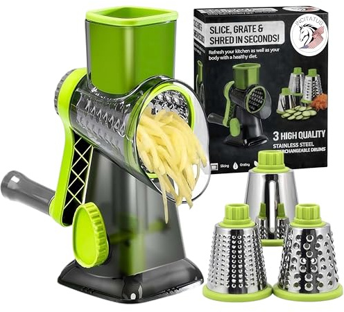 INCITATUS - Cheese Grater Hand Crank - Rotary Cheese Shredder - 3 Interchangeable Stainless Steel Blades & Strong Suction Base - Parmesan Vegetable Grater - Manual Kitchen Vegetable Slicer