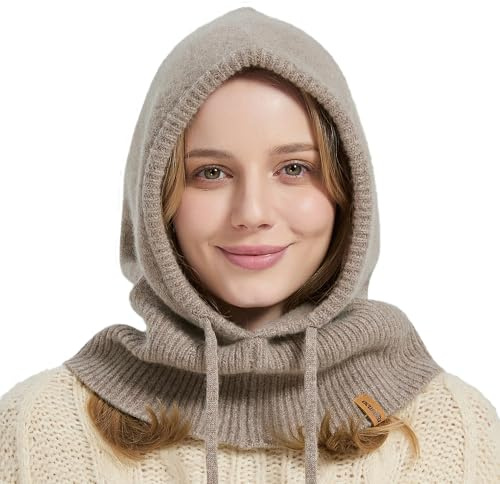 ACUSHLA 100% Merino Wool Balaclava for Women & Men Winter Warm Knit Hooded Scarf Hoodie Hat and Scarf Set in One (Coffee)