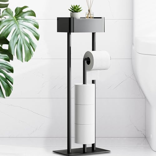 GUIGUZI Noir Porte-Papier Toilette Debout avec boîte à lingettes humides | Porte Rouleau Papier Toilette Debout sans Perçage avec Étagères et Boîte à Lingettes Humides, Support pour 4 Rouleaux