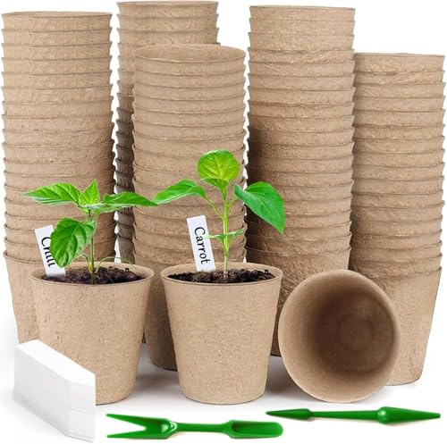 NCKIHRKK Vasetti Biodegradabili per Piantine, 100 Pezzi 8 cm Vasetti per Piantine di Semenzaio Torba con 100 Rtichette et 2 Outils, per Germinazione et Taleaggio di Semi, Ortaggi, Fiori