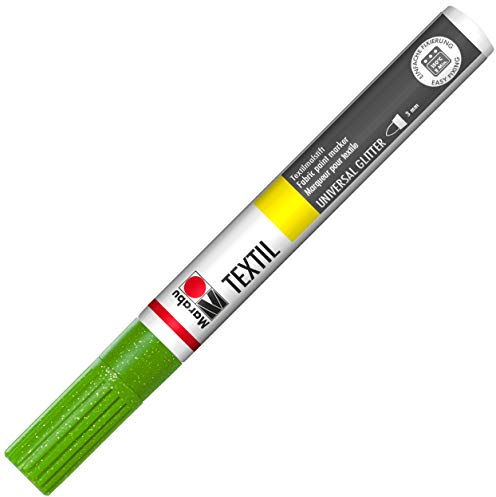 Marabu 01190003567 - Textil Painter Glittergrün 567, Strichstärke ca. 3 mm, Stoffmalstift für helle und dunkle Stoffe, auf Wasserbasis, weicher Griff, nach Fixierung waschbeständig bis 40°C