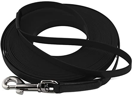 LENNIE Leichte BioThane Schleppleine, 19mm, Hunde ab 35kg, 15m lang, mit Handschlaufe, Schwarz, genäht