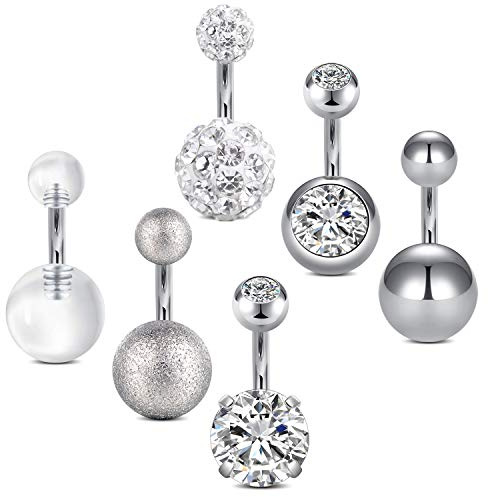 AceFun Anillo del Ombligo Piercing del Ombligo 6mm Acero inoxidable 14G para las mujeres y las niñas Joyería del Cuerpo del Vientre 6 Piezas plata