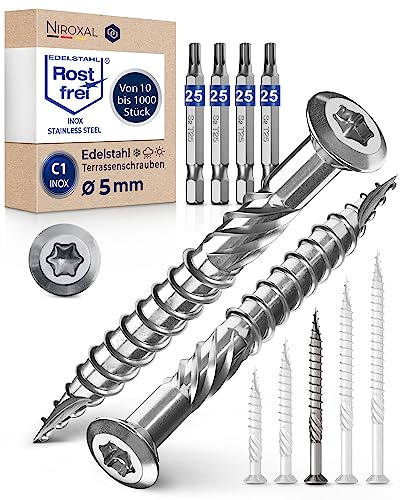 Viti per legno Ø5x60 mm testa bombata TX25 (Torx) – acciaio C1 alta resistenza – per decking e terrazze e legni duri – per uso professionale – 1000 pezzi – inclusi 4 bit Torx TX25