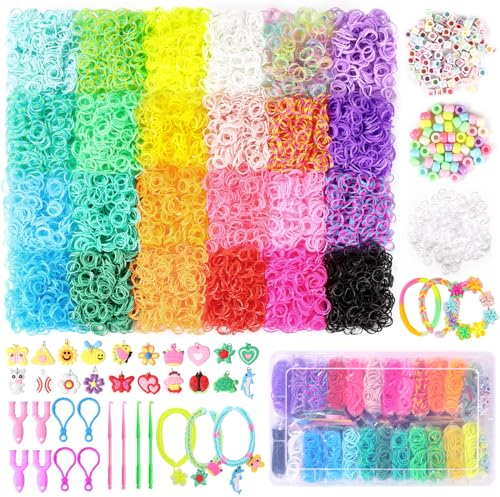 Funtopia 12200+ Loom Bänder Set für Armbänder, 24 Farben Bunte Gummiband mit Perlen Anhänger Charms Haken Aufbewahrungsbox, Spielzeug Basteln für Kinder Mädchen Jungs