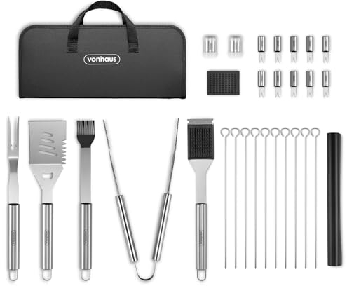 VonHaus BBQ Tool Set with Case, 30Pcs BBQ Accessories Kit Including Spatula, Fork, Tongs, Skewers, Corn Forks, Barbecue Grill Mats, Basting Brush & Cleaner, Heavy Duty BBQ Utensils for Outdoor Cooking