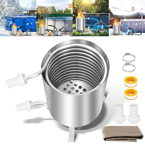 Tubiaz Riscaldamento a legna da ardere, per piscina, in acciaio inox, per piscine, stufa con connettori da 36 – 38 mm, riscaldamento per piscina con tappetino ignifugo e vassoio, riscaldamento per