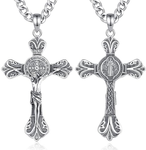 AEONSLOVE Kreuz Halskette Herren Silber 925 Kreuz Kette Damen Jesus Kreuzkette Silber Herren Benedikt Kreuz Anhänger Kruzifix Heilige Benedikt Medaille Christlicher Schmuck Katholischer Geschenke