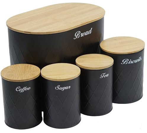 Gr8 Home Black 5 Piece Tea Coffee Sugar Jars Bread Bin Biscuit Tin Kitchen Canisters Storage Container Set With Bamboo Lid