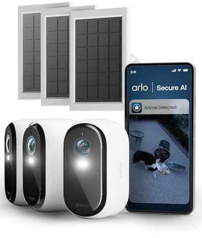 Arlo Essential 3 HD Wireless Security Camera Outdoor with Solar Panels, Battery-Powered WiFi Home CCTV with Colour Night Vision, Light, Alarm Siren, 2-Way Audio, AI Recognition, Smart Home Compatible