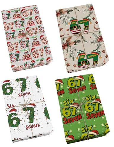 4-pack 67 omslagspapper 48 x 66 cm, 67 julpapper, roligt vintage mönster festlig juldekoration, för födelsedagsfest firande tonåringar vuxna vänner familj