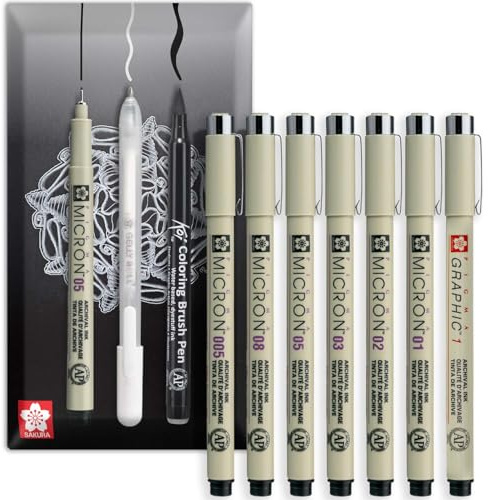 SAKURA Pigma Micron Fineliner Pigmentpenna – fin till bred + grafik – vattentät, blekningsbeständig & permanent svart bläck – kuvert presentförpackning – set med 7 grader