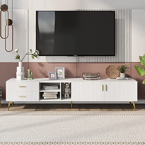 Merax White TV Stand Cabinet for 75-Inch TVs, Lowboard TV Unit with 2 Doors and 2 Drawers, Modern Media Console Table and Entertainment Center for Living Room, 180 x 35 x 41 cm