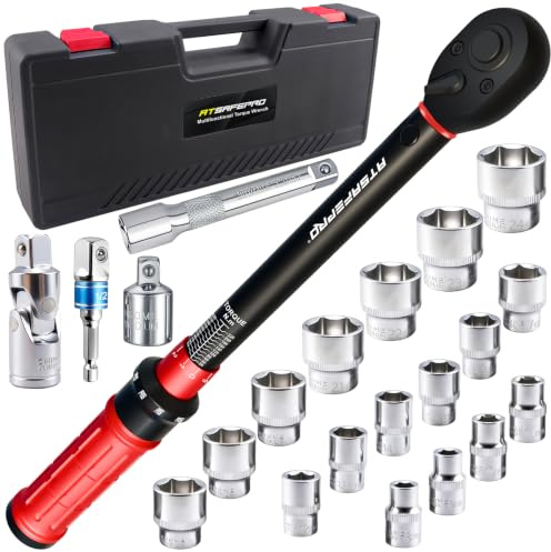 ATsafepro 22-Piece 1/2 Inch Torque Wrench Set, 20-230 Nm, ±3% Click Torque Wrench with 17 Metric Sockets 8-24 mm, Extension Bar and Adapters for Car Wheel and Tyre Maintenance