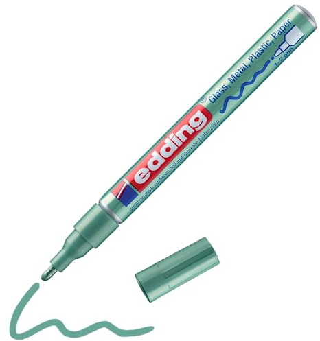 edding 751 glansmarkör - grön metallisk - 1 färgmarkör - rund spets 1-2 mm - färgpenna för glas, småsten, trä, plast, papper - vattentät, hög täckning