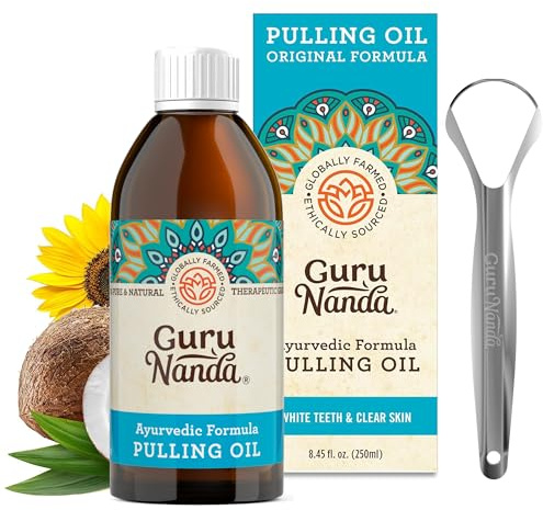 GuruNanda Original Oil Pulling Mouthwash, Promotes Deep Cleaning, with Coconut & Sesame for Teeth & Gum Health & Fresh Breath, with Tongue Scraper, Alcohol-Free, 8.45 Fl Oz