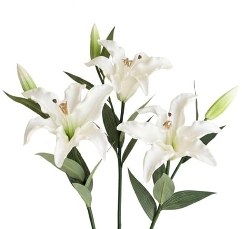 Meide Group USA 30 Inch Long Tiger Lily Artificial Flowers 3 Pack Green & White - Real Touch Faux Lilies for Floor Vase, Entryway & Living Room Statement Decor, Wedding Decoration