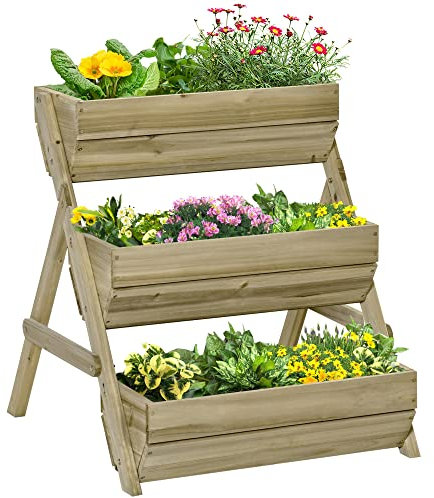 Outsunny 3 Tier 66L Raised Garden Bed Wooden Elevated Planter Box Kit for Flower, Vegetable, Herb, 65 x 75 x 76cm, Green