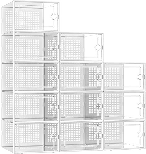 Kuject X-Large Shoe Boxes, Fit UK Size 12, Clear Stackable Shoes Storage Organiser, Plastic Sneakers Containers, Substitute for Shoe Rack, Space Saving for Entryway, Closet, 12-Pack, White