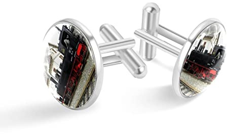 Gemelos de plata personalizados Tren retro ferrocarril para camisa de esmoquin, 20mm*20mm, Acero inoxidable, Cuarzo creado