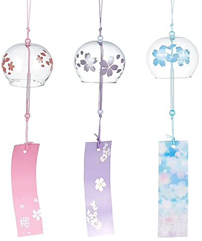 BENECREAT 3 pièces Carillons Éoliens Japonais Rose Bleu Clair Violet Fleur Cloches à Vent Pendentifs en Verre Faits à la Main pour Cadeau de Festival de Mariage, Décorations D'Extérieur D'Intérieur