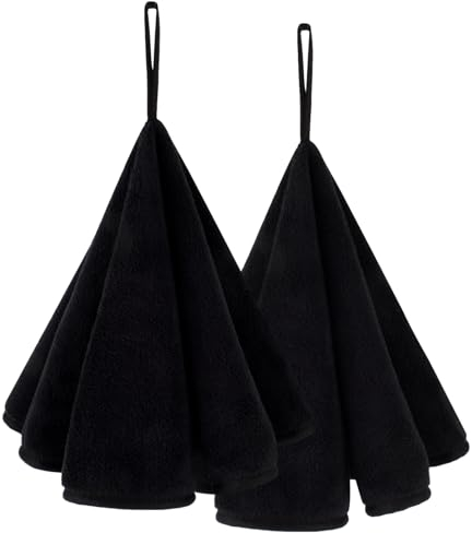 VIVOTE 2-teiliges Küchenhandtuch-Set mit Ringen, Badezimmer-Handtuch-Set, weich, saugfähig, schnelltrocknend, Kohlefaser, rundes hängendes Handtuch mit Umhängeband, (Schwarz 50 x 50)