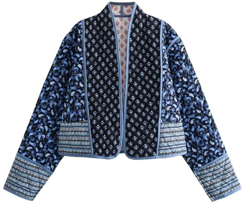 Yimoon Women's Quilted Jacket Lightweight Floral Print Cropped Puffer Coat Short Padded Open Front Winter Outwear, Black, XL