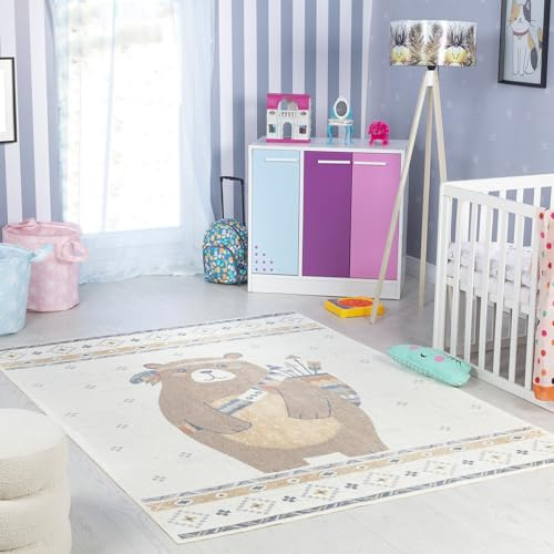 Livabliss Oursigene Bear Washable Kids Carpet 160x213 cm, Soft Machine Washable Animal Design for Bedroom, Nursery & Playroom, Easy Care, Beige