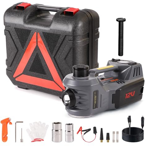 EFFIROSO Kit de gato eléctrico para coche, 5 toneladas, 12 V, gato hidráulico de piso con llave de impacto, bomba infladora de neumáticos para kit de reparación de emergencia de vehículos, 1000 libras