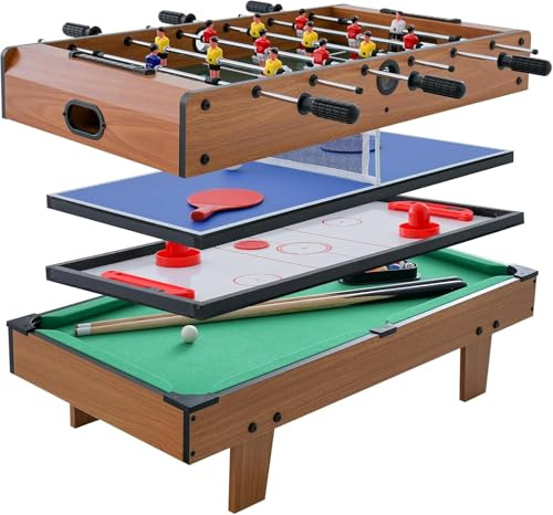 FANTASK 4 i 1 spelbord, multifunktionellt biljardbord i trä och bordtennisbord och flygfält hockeybord och kickerbord