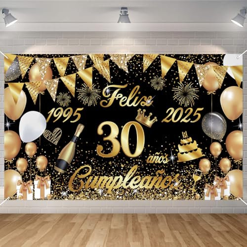Happy Birthday Banner zum 30. Geburtstag 1995-2025, Seutgjie Happy Birthday, Dekoration für Damen, Herren, für Party, Geburtstag, 30. Gold, Schwarz, 180 x 110 cm