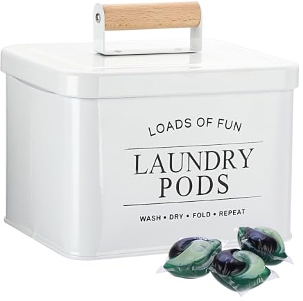 TOLIDA Metal Laundry Pods Container with Lid - White Square Storage Box for Laundry Pods, Detergent Pods Holder for Laundry Room, Metal Storage Container for Washing Pods, bath Bombs