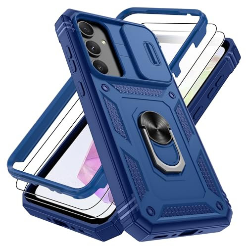Pilaru 3 in 1 for Samsung A35 5G case | With Front Frame | [Separate] 2 Screen Protector & Kickstand Ring & Camera Cover Military Grade Drop Shockproof Protection for Galaxy A35 Phone,Blue