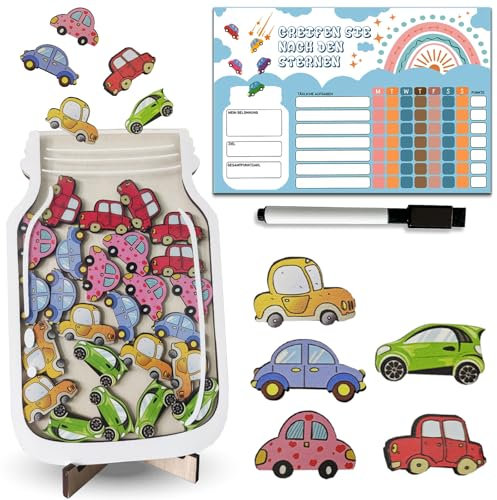 YUJUE Kinder Magnet Belohnungsglas, Auto-Belohnungsglas, Aufgabenplaner Magnetisch, Magnetische Aufgabenliste, Lehrer-Belohnungsgla, Grundschullehrerbedarf-Belohnungsgla mit Holzständer und 25 Autos