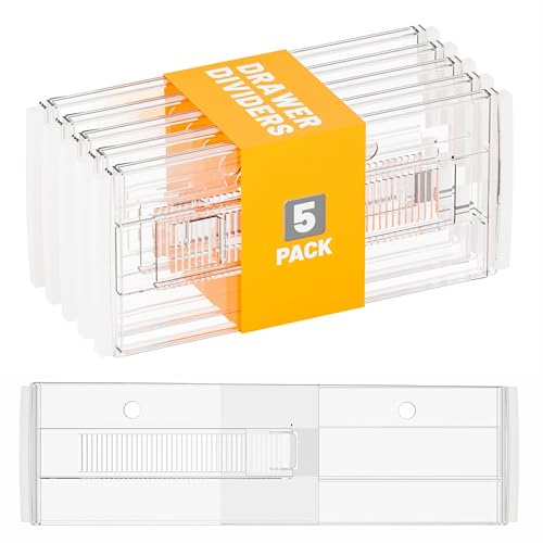 Yieach 5 Pack 6 Inch Tall Acrylic Drawer Divider for Clothes-Expandable from 12.3-18''-Adjustable Dresser Deep Drawer Dividers for Baby Clothing,Underwear,Clear in Drawer Separators for Kitchen,Office