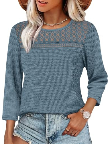 Aokosor 3/4 Sleeve Tops for Womens Lace Blouse Ladies Crew Neck Tunic Shirts Casual Loose Fit Womens Tops Blue Size 14-16