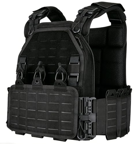 YAKEDA Tactical Outdoor Vest for Men /1000D Nylon Quick Release Laser-Cutting Modular Lightweight Vest (Black2.0)
