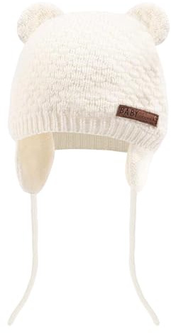 Wqafe Baby Earflap Beanie Winter Hat, Winter Beanie Hat for Baby Kids Toddler Infant Newborn, Soft Baby Boy Knit Beanies Cute Bear Infant Toddler Girl Hats Warm Fall for Boys Girls (White)