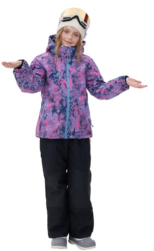 SMONTY Girls Boys Ski Suit Kids Snowsuits Waterproof Snowboard Elastic Hood Jacket with Bib Pants, Windproof Winter Warmth(14 Years,KALEIDOSC Pink)
