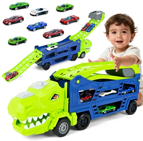 HERMORRYSS Camion Porta Macchinine, Camion Giocattolo per Bambini, con 8 Veicoli Giocattolo e Pieghevole Pista, 2 in 1 Dinosauro Trasporto Truck, Regalo Caldo Auto per Bambini di 3 4 5 6 7 Anni