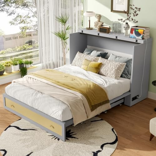 Vepssder Letto a scomparsa 140 x 200 cm Mobile con cassetti a estremità del letto e ripiano a testiera con presa USB e presa elettrica, convertibile in piattaforma, senza materasso (grigio)