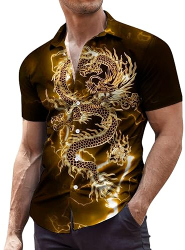 Generisch Albornoz Hombre Bathrobe Camisa de manga corta suelta de gran tamaño para hombre con estampado batik novedoso camisa batik, dorado, M