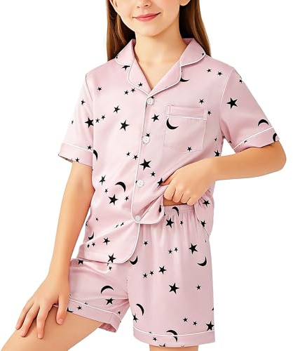 Hoseay Ragazze Pigiama, Manica Corta Maglietta e Vita Elastica Pantaloni 2 Pezzi Satinato Abbigliamento da Notte, Morbido Leggero Abbigliamento Casa con Bottoni per Bambini 11-12 Anni, Rosa