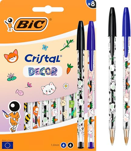 Penne a Sfera BIC Cristal Decors Kawaii Punta Media (1 mm) Inchiostro Blu e Nero - Disegni Kawaii Assortiti, Confezione da 8