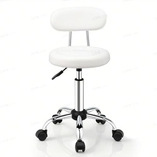Bonno Tabouret roulettes Professionnel avec Dossier, Pivotant 360°, Hauteur Réglable 69-83.5 cm, Chargement 150 kg, pour Salon Beauté Coiffure Bureau Maison Bar, Noir (Blanc, avec Dossier)